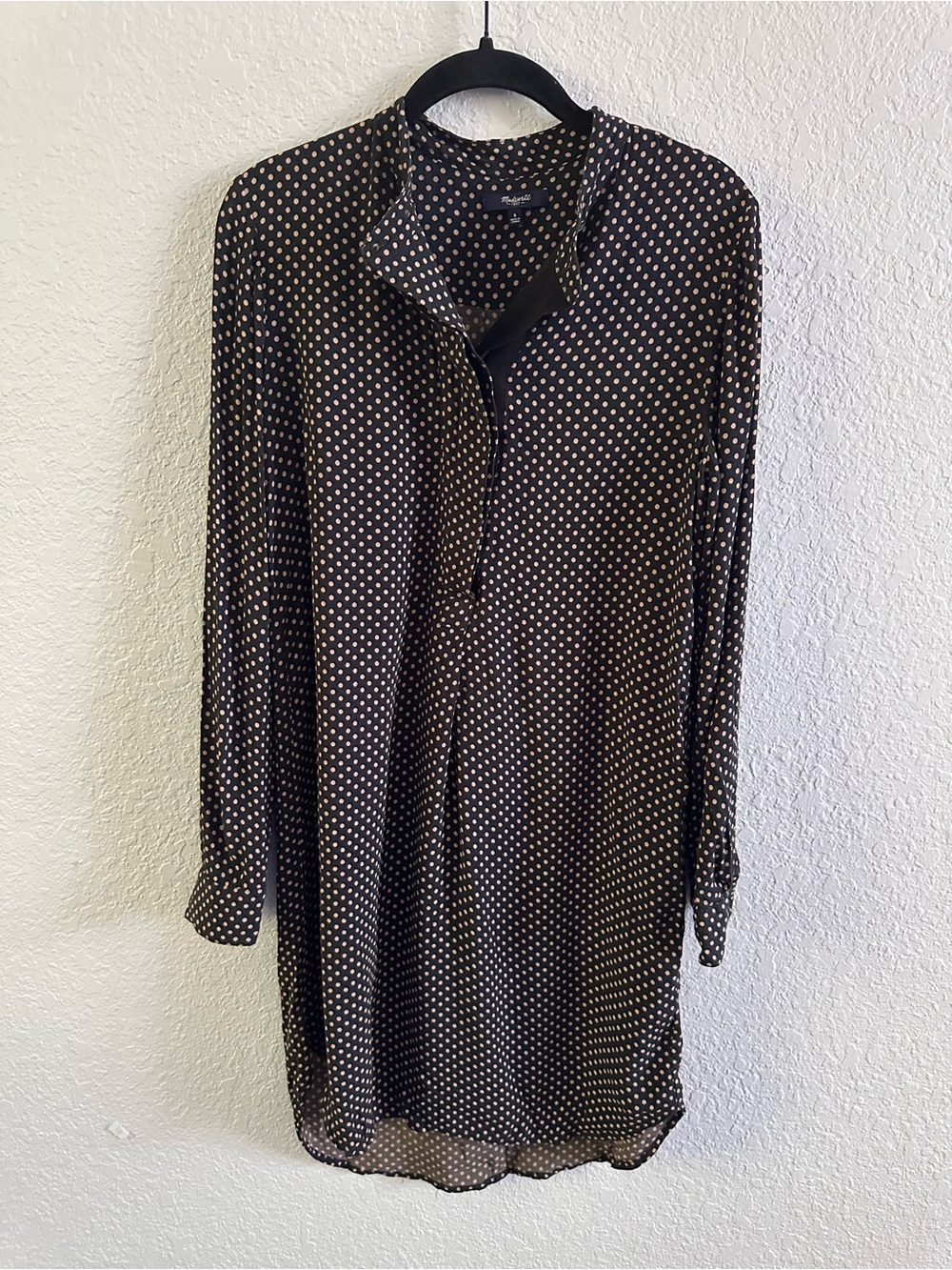 Madewell Polka Dot Long Sleeve Shirt Dress Black Tan Small